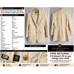 DKNYC Womens Blazer Size 8 Ivory 100% Wool Blazer Gold Button Jacket Vintage